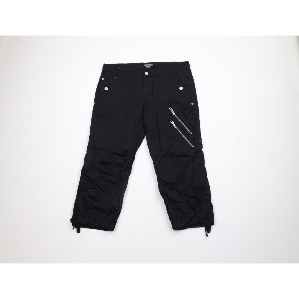 New Armani Exchange Womens Small Spell Out Roll Cuff Capris Shorts Black Cotton